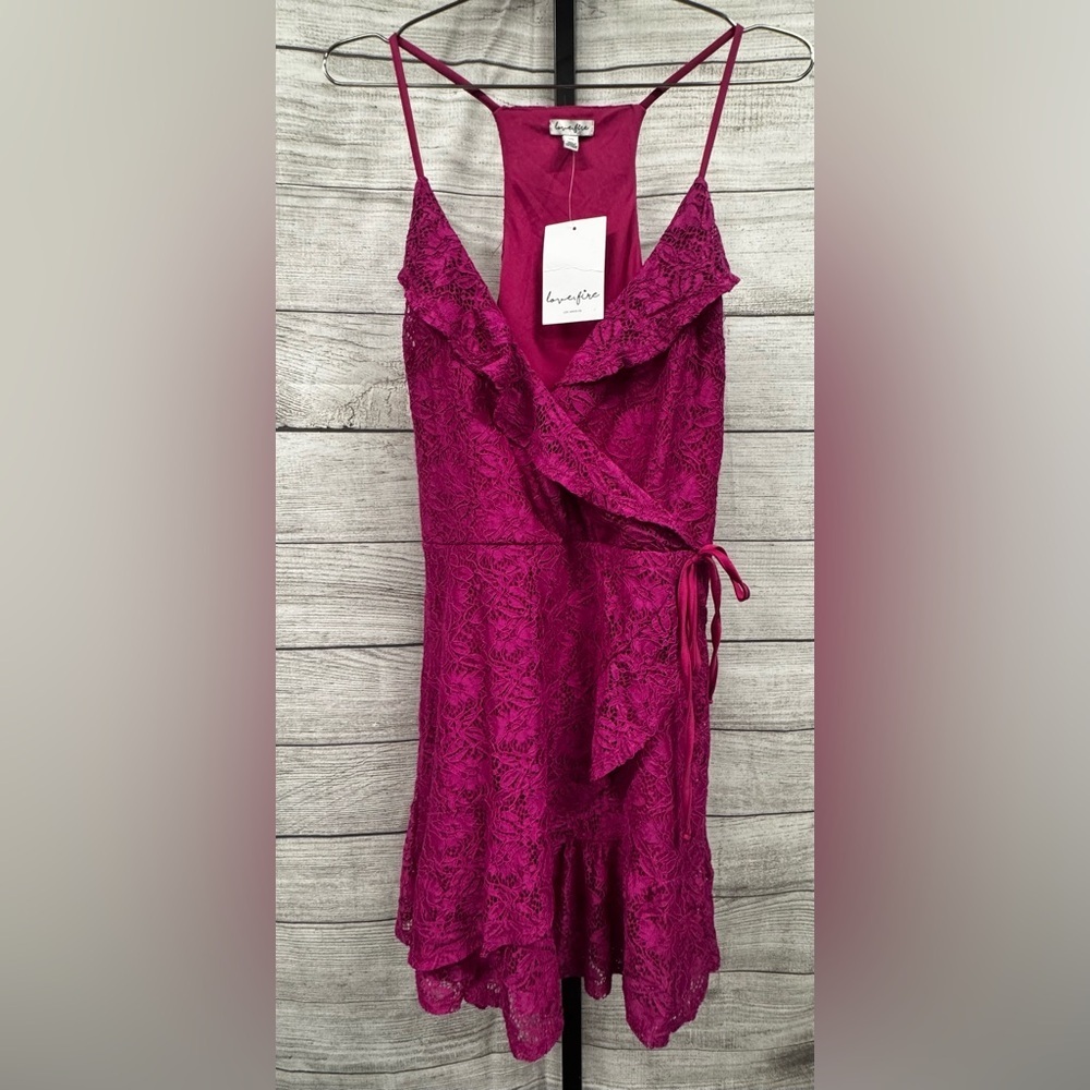 Love, Fire Lace Wrap Dress in Magenta